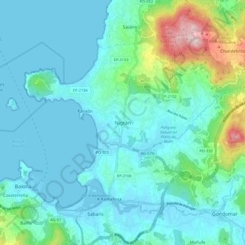 Mappa topografica Nigrán, altitudine, rilievo