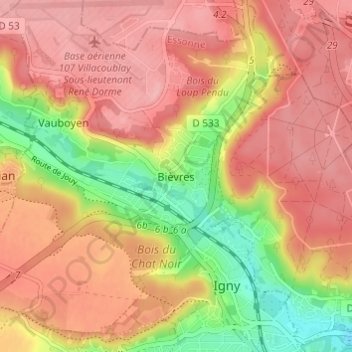 Mappa topografica Bièvres, altitudine, rilievo