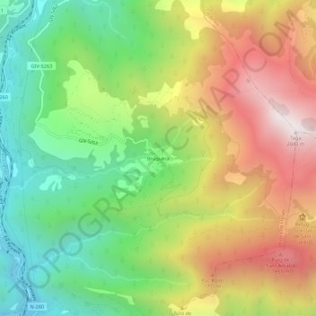 Mappa topografica Bruguera, altitudine, rilievo