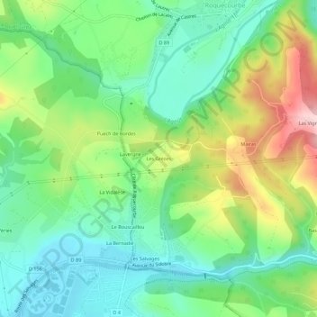 Mappa topografica Les Grèzes, altitudine, rilievo