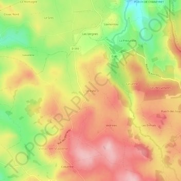 Mappa topografica Le Viala, altitudine, rilievo