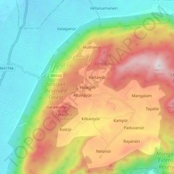 Mappa topografica Yelagiri, altitudine, rilievo
