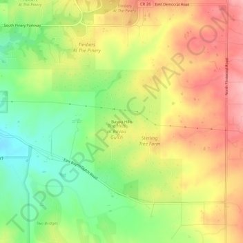 Mappa topografica Bayou Hills, altitudine, rilievo