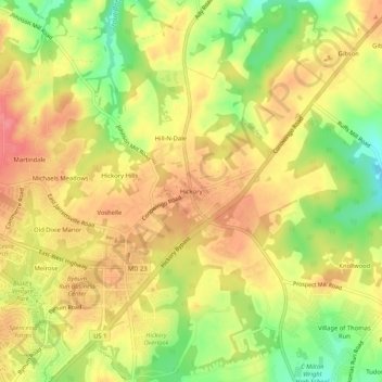 Mappa topografica Hickory, altitudine, rilievo