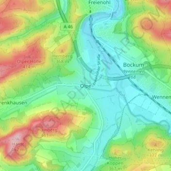 Mappa topografica Olpe, altitudine, rilievo
