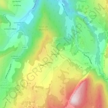 Mappa topografica Rioupes, altitudine, rilievo