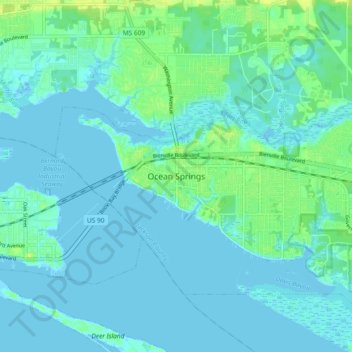 Mappa topografica Ocean Springs, altitudine, rilievo
