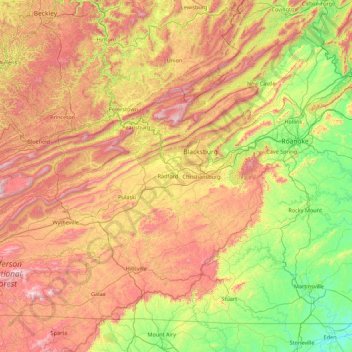 Mappa topografica Radford (city), altitudine, rilievo