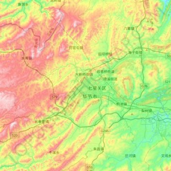 Mappa topografica 毕节市, altitudine, rilievo