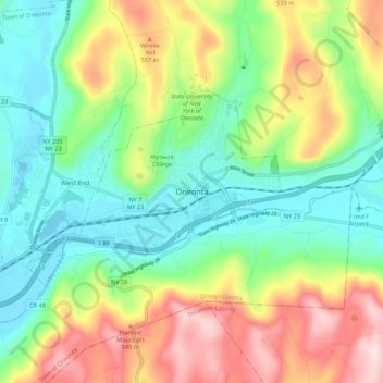 Mappa topografica Oneonta, altitudine, rilievo