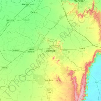 Mappa topografica Bhiwadi, altitudine, rilievo