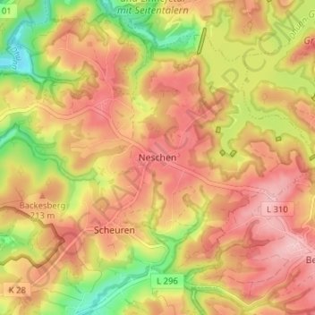 Mappa topografica Neschen, altitudine, rilievo
