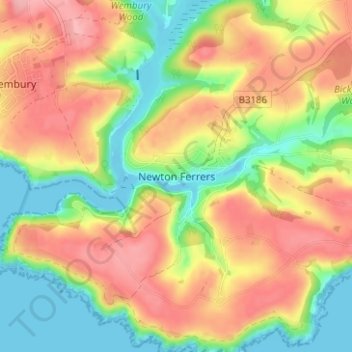 Mappa topografica Newton Ferrers, altitudine, rilievo