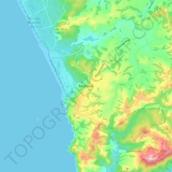 Mappa topografica Muriwai, altitudine, rilievo