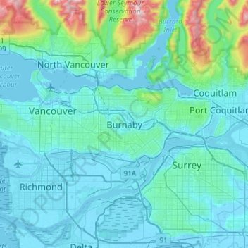 Mappa topografica Burnaby, altitudine, rilievo