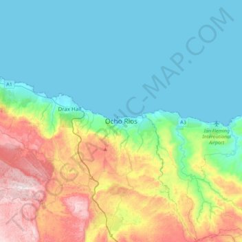 Mappa topografica Ocho Rios, altitudine, rilievo