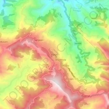 Mappa topografica Pauri, altitudine, rilievo