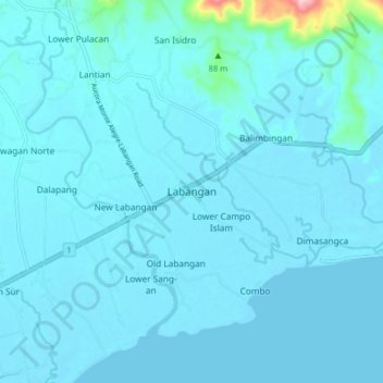Mappa topografica Labangan, altitudine, rilievo