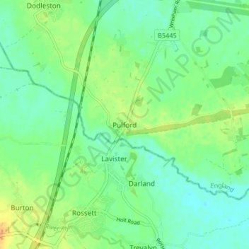 Mappa topografica Pulford, altitudine, rilievo