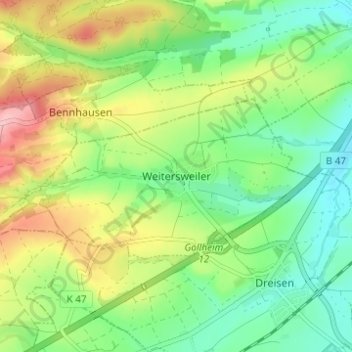 Mappa topografica Weitersweiler, altitudine, rilievo
