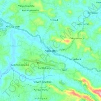 Mappa topografica Kondotty, altitudine, rilievo