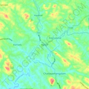 Mappa topografica Ayoor, altitudine, rilievo
