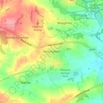 Mappa topografica West Hallam, altitudine, rilievo