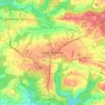 Mappa topografica Lower Beeding, altitudine, rilievo