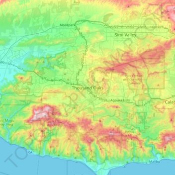 Mappa topografica Thousand Oaks, altitudine, rilievo