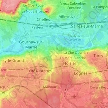 Mappa topografica Champs-sur-Marne, altitudine, rilievo