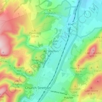 Mappa topografica All Stretton, altitudine, rilievo