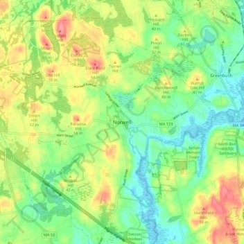 Mappa topografica Norwell, altitudine, rilievo