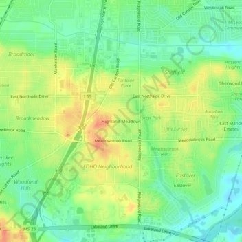 Mappa topografica Highland Meadows, altitudine, rilievo