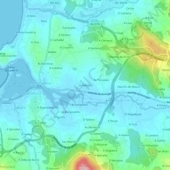 Mappa topografica A Golada, altitudine, rilievo