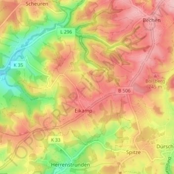 Mappa topografica Oberscheid, altitudine, rilievo