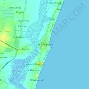 Mappa topografica Mahabalipuram, altitudine, rilievo