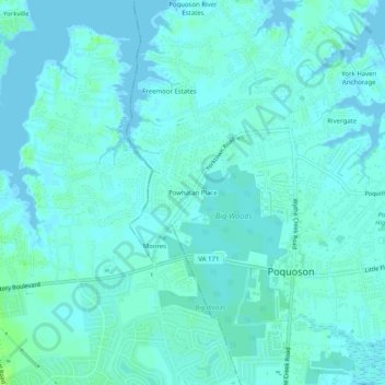 Mappa topografica Powhatan Place, altitudine, rilievo