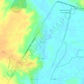 Mappa topografica Letirá, altitudine, rilievo