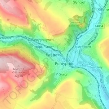 Mappa topografica Pwll-gwaun, altitudine, rilievo
