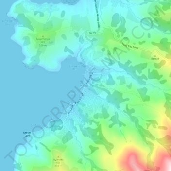 Mappa topografica Akaroa, altitudine, rilievo