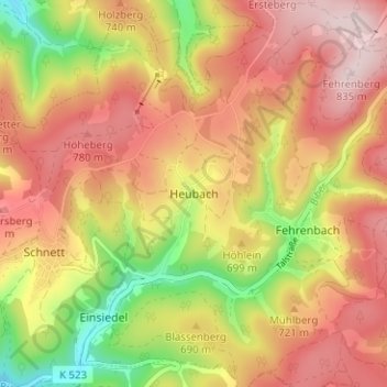 Mappa topografica Heubach, altitudine, rilievo