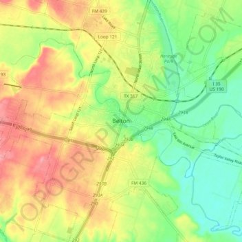 Mappa topografica Belton, altitudine, rilievo