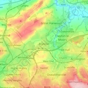 Mappa topografica Rishton, altitudine, rilievo