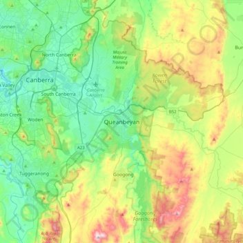 Mappa topografica Queanbeyan, altitudine, rilievo