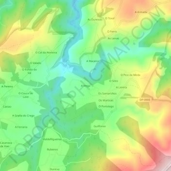 Mappa topografica A Veiga, altitudine, rilievo