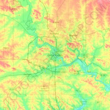 Mappa topografica Cedar Rapids, altitudine, rilievo