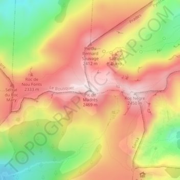 Mappa topografica Pic de Madrès, altitudine, rilievo