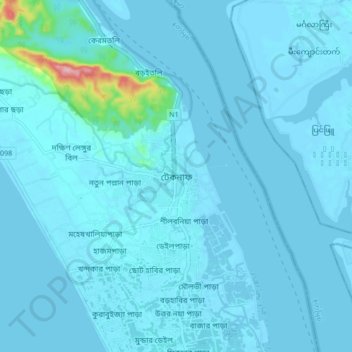 Mappa topografica Teknaf, altitudine, rilievo