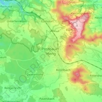 Mappa topografica Postbauer-Heng, altitudine, rilievo
