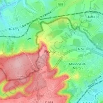 Mappa topografica Piedmont, altitudine, rilievo